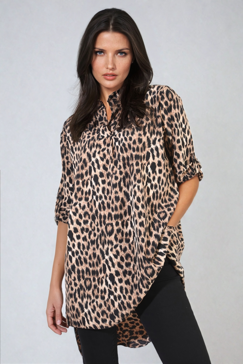 Oversized Leopard Print Button Down Batwing Sleeve Top