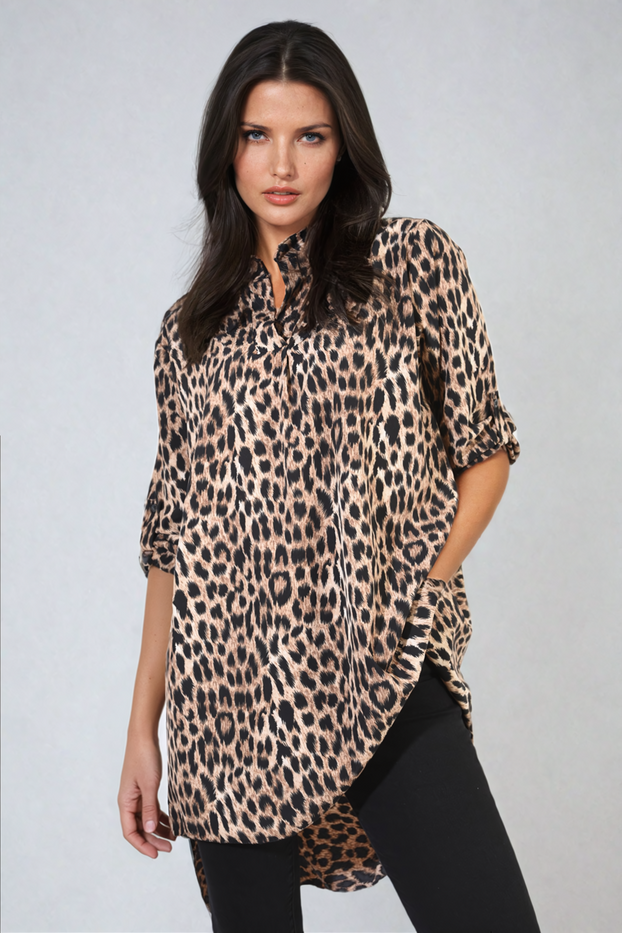 Oversized Leopard Print Button Down Batwing Sleeve Top